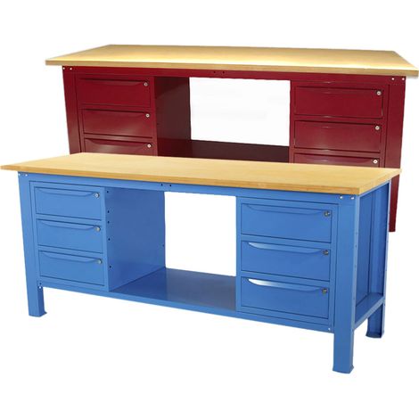 Banco da lavoro SOGI 2 metri con piano in legno portata 1000 kg + 2 armadi a 3 cassetti - blu/rosso, ColoreBlu (1/5)