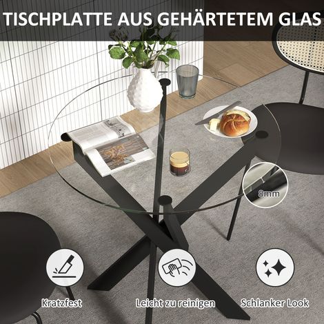 Table en verre moderne Ø 70 cm, table de cuisine avec plateau en verre trempé et pieds métalliques, pour 4 convives (1/5)