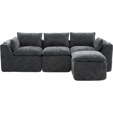 Sofá modular de 3 plazas con reposapiés, chenilla gris oscuro (1/5)