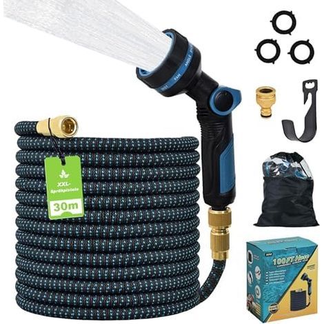 Tuyau d'Arrosage Extensible 30m, Automatique Rétractable avec Pistole XXL (24cm), 10 Fonctions, Raccords Métalliques Doubles (1/2" & 3/4"), TPE 2500D, Boîte Cadeau - Bleu et Noir Blue And Black (1/5)