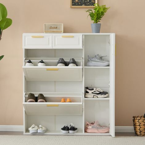Meuble à chaussures blanc avec étagères réglables, poignées dorées, tiroirs et porte