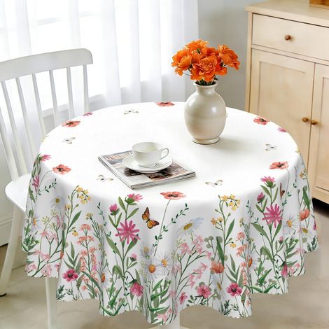 Runde Tischdecke 150 cm abwaschbar, floral, wetterfest, Polyester, für Garten & Küche