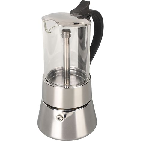 Caffettiera Moka classica italiana con piano in vetro cristallo e piano cottura in acciaio inox, per 6 tazze.
