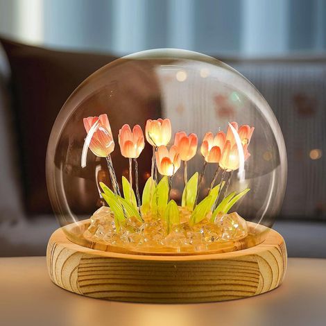 Cadeau floral d'anniversaire pour maman, veilleuse tulipe, petite lampe en verre avec base pour la décoration intérieure, cadeau de Noël romantique (1/5)