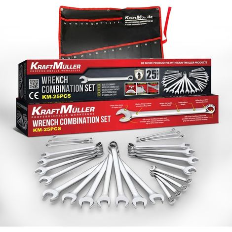 Jeu de clés plates à oeillets, Kraft Muller KM-25PCS, 25 pièces en acier au chrome-vanadium, de 6 à 32mm, sacoche de rangement