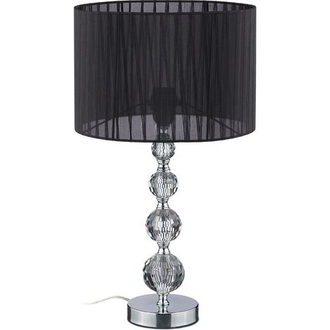 Relaxdays Lámpara Mesa Cristal, Luz Sobremesa Salón, 54 x 29,5 cm, Portalámparas E27, con Pantalla Tela, Metal, Negra