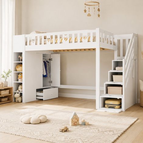 DESMIU Lit Mezzanine 1 Place avec Échelle de Rangement, Étagères et Armoire Pliable 90 × 200 cm, Sans Matelas (1/5)