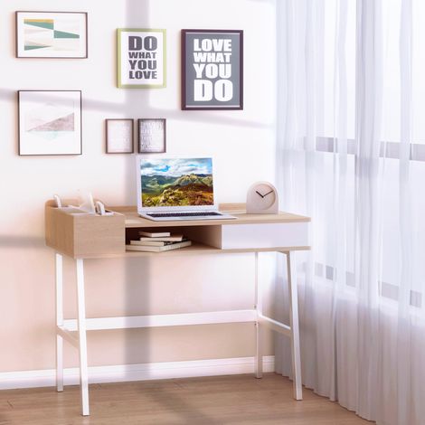 HOMCOM Computertisch 80 x 53 cm mit 6 Fächern, offenem Regal und Schublade für Büro und Arbeitszimmer, 100 x 55 x 81,5 cm, Eiche und Weiß (1/5)