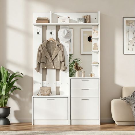 Garderobenmöbel mit Kleiderstange, 2 Schubladen, 2 Klappschuhschränken, Spiegel und 3 Haken, 110 × 34 × 185 cm (1/5)