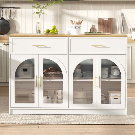 Ilot de cuisine avec éclairage led 135x55x91 cm - meuble de cuisine autoportant avec tiroirs et portes en verre pour salle à manger - mdf moderne - blanc (1/5)