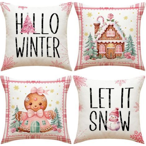 4 Christmas-themed 45x45cm cushion covers with letter and gingerbread man prints, perfect for living room or bedroom decor. (1/5)