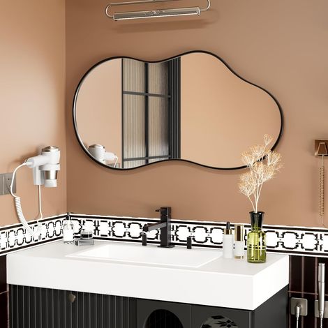 Miroir Mural Asymétrique Irrégulier, 50 x 90 cm Cadre Nuage, Miroir Artistique de Courtoisie, Miroir Décoratif Noir de Forme Unique pour Salon, Chambre, Couloir (1/5)