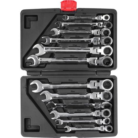 Jeu de 12 clés à cliquet flexibles métriques 8‑19mm en acier CRV, avec étui de luxe. (1/5)