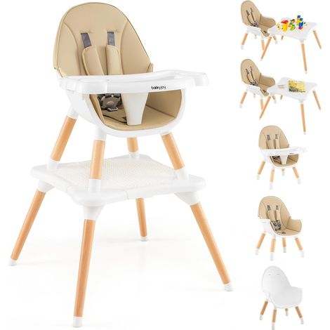 GOPLUS 6-en-1 Chaise Haute Bébé, Chaise Haute Evolutive avec Plateau Amovible, Harnais à 5 Points, Table à Blocs de Construction, Table d'Apprentissage et Chaise en Bois pour 6-36 Mois (Kaki) (1/5)