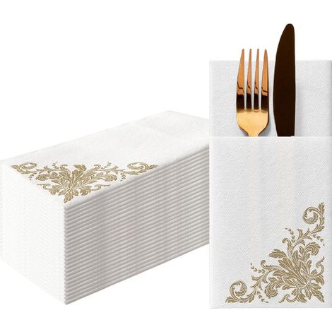 Serviettes Pochette Effet Tissu 1/8, 25 pièces - Ornement Doré (1/5)