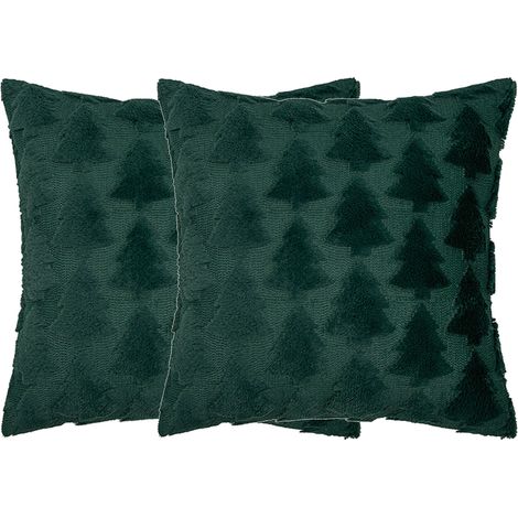 Lot de 2 housses de coussin décoratives vert foncé, motif sapin de Noël, douces et moelleuses, pour canapé, lit ou chambre d'enfant (45 x 45 cm). (1/4)