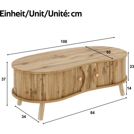 Ensemble salon 3 pièces avec table basse, meuble TV et buffet, forme galet, portes coulissantes, MDF, pieds bois, naturel