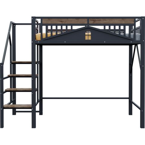 Lit mezzanine métal et bois noir 140x200 cm avec échelle sécurisée, garde-corps fenêtre et espace de rangement (1/5)