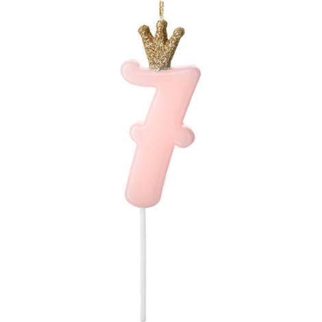 Candela di compleanno numero 7 con corona, rosa chiaro (1/3)