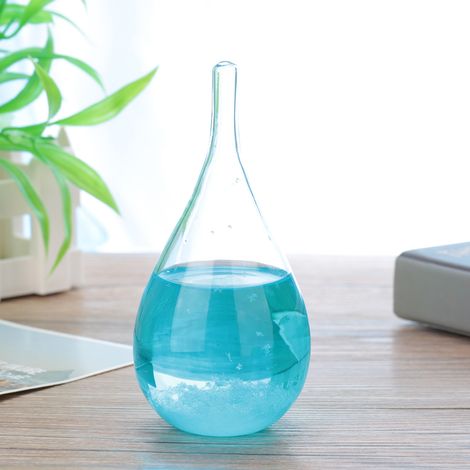 Bouteille en verre avec motif gouttelettes d'eau et tempête, décoration sur le thème de la chimie (bleue, sans socle) (1/5)