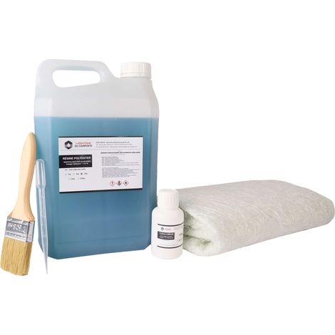 Kit résine polyester 5 kg avec catalyseur et mat de verre 5 m² 300 g/m² pour réparation et stratification