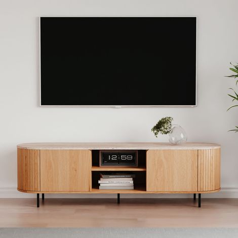 Meuble TV FABIA - Chêne & Travertin - 160 x 40 x 52 cm (1/3)