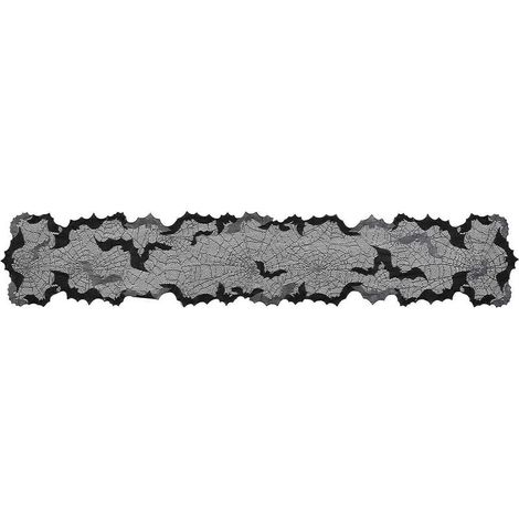Chemin de table d'Halloween 30 x 180 cm, en polyester noir imperméable, décoré de toiles d'araignée et de chauves-souris, idéal pour un dîner. (1/5)