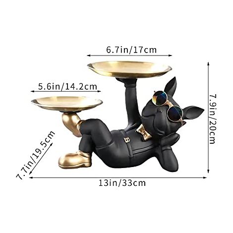 Figurine de chien en résine avec 2 plateaux et de jolies lunettes, figurine de bouledogue français noir comme décoration, sculpture animale, décoration intérieure. (1/2)