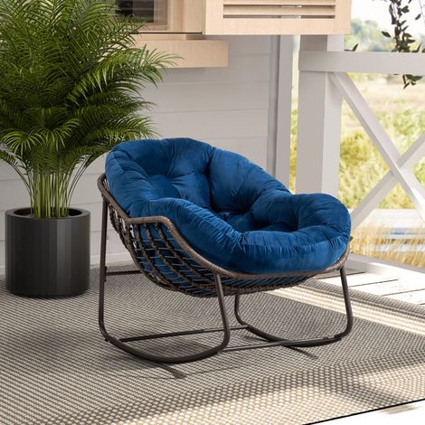 Fauteuils berçants en rotin-Revêtement bleu marine-Coussins rembourrés-Usage intérieur et extérieur-Pour véranda et patio (1/5)