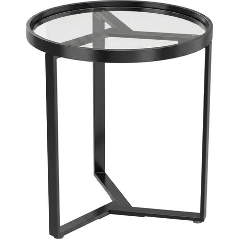 Mesa auxiliar redonda negra de metal con tablero de vidrio templado para espacios pequeños (1/4)
