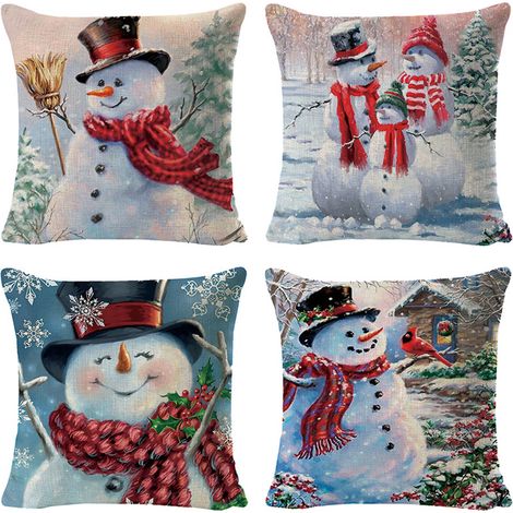 Set mit 4 dekorativen Weihnachtsschneemann-Kissenbezügen, 45 x 45 cm, für Sofa oder Bett (Weihnachtsschneemann-Muster). (1/5)