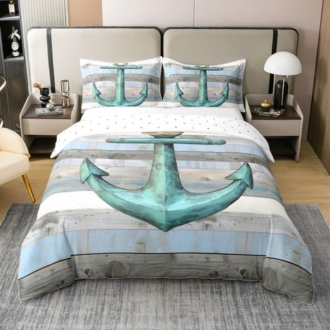 Anchor Imprimer Housse de Couette 140x200cm 100% Coton Thème pour Garçons Filles Adolescents Océan Parure de Lit mer Aventure Ensemble de Literie Haricot Vert Gris - 140 x 200 cm + 1 taie d'oreiller 6 (1/5)