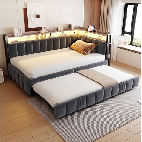MODFU – Letto a panca estraibile 90x200 cm in velluto/MDF con vani contenitore in testiera e 20 doghe, LED, USB e Type-C – Grigio scuro (1/5)