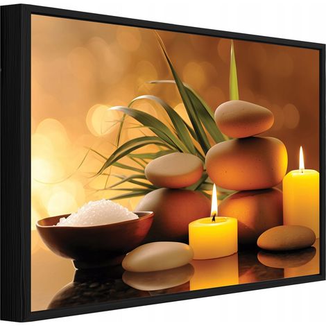 Leinwandbild Wandbild mit schwarzem Rahmen, Spa Steine und Kerzen, entspannende Wanddekoration für Massagepraxis und Spa, 40 x 30 cm