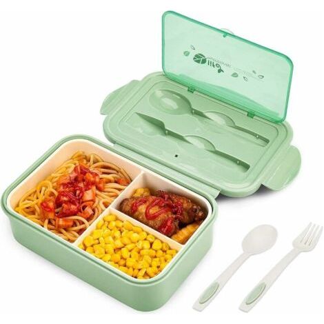 Lunch Box, Boîte à Déjeuner en Plastique pour Enfant Adulte, Boîte à Repas avec Trois Compartiments et des Couverts(Fourchette et Cuillère), sans BPA, pour Micro-Ondes et Lave-Vaisselle - Vert (1/5)