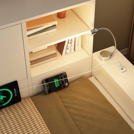 Lit coffre blanc 90x200 cm avec lit gigogne, double porte et ports USB/USB-C, lit double gain de place enfant (sans matelas)