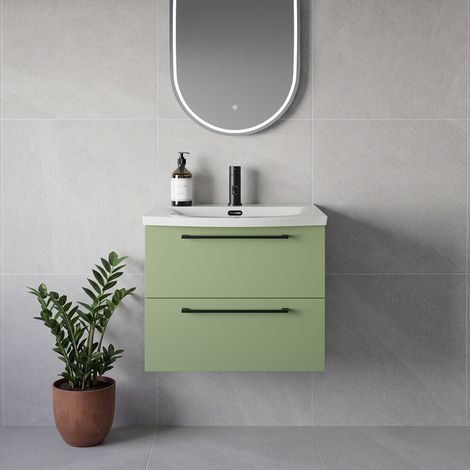 Napoli 390 Olive Green 600mm Wall Mounted 2 Drawer Vanity Unit with Arc Basin - 600mm - Matt Black 320mm Handle