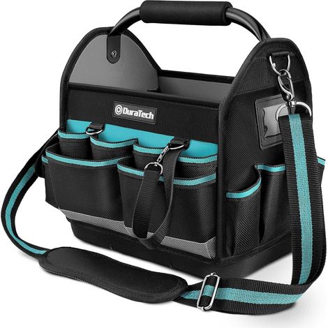 Sac à outils 30,5x22x30cm – Grande ouverture supérieure – Base en plastique dur et étanche – Bandoulière réglable et poignée matelassée – Duratech