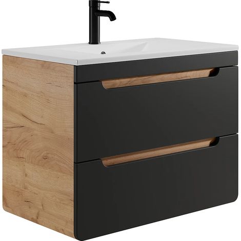 Mobile per bagno sospeso con lavabo da incasso 80 cm Naturale chiaro e Antracite - ARUBA (1/5)