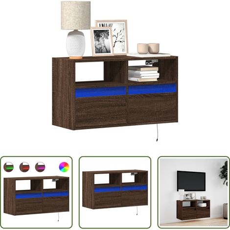 Armoire TV murale -  Meuble TV mural avec lumières LED chêne marron 80x31x45 cm (1/5)