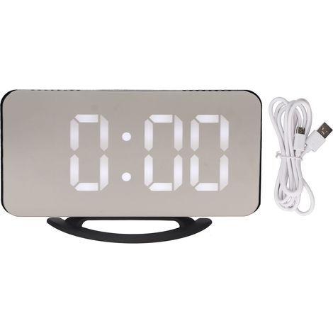 LED-Wecker mit zwei USB-Ausgängen, Lichtsensor, Zeit-/Temperaturanzeige, schwarzem Spiegelzifferblatt mit weißer Beschriftung (1/5)