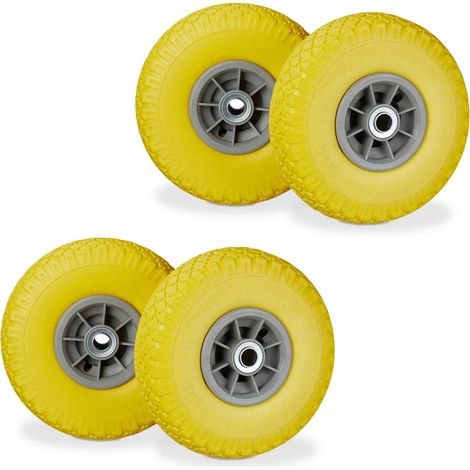 4 x Sackkarrenrad, pannensichere Vollgummireifen, 3.00-4 Zoll, 20mm Achse, bis 80 kg, 260 x 85 mm, Ersatzrad, gelb-grau