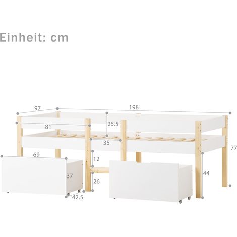 Lit junior 90x190 avec rangement tiroir et barrière de sécurité, pin massif, blanc et chêne - Meuble chambre enfant avec protections latérales (1/5)