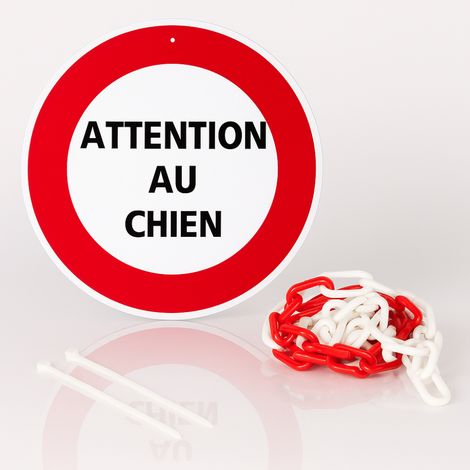 Attention au chien disque rigide prépercé avec chaine plastique rouge/blanc avec collier de serrage de serrage - panneau rond signalisation Diamètre 300 mm