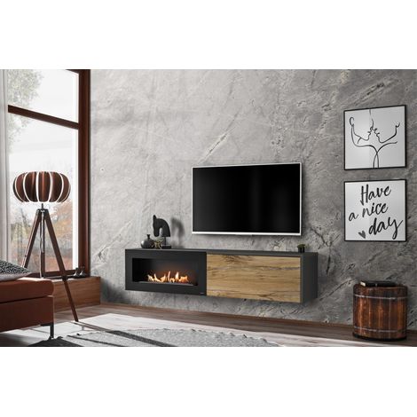 Meuble TV "Dallas B" avec cheminée en bioéthanol - Gris/Beige - L 180 x H 40 x P 40 cm - Livraison gratuite (1/3)