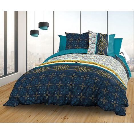 Housse de Couette 240x260 + 2 taies - Pur Coton 57 Fils - Biarritz, Bleu, Jaune (1/4)