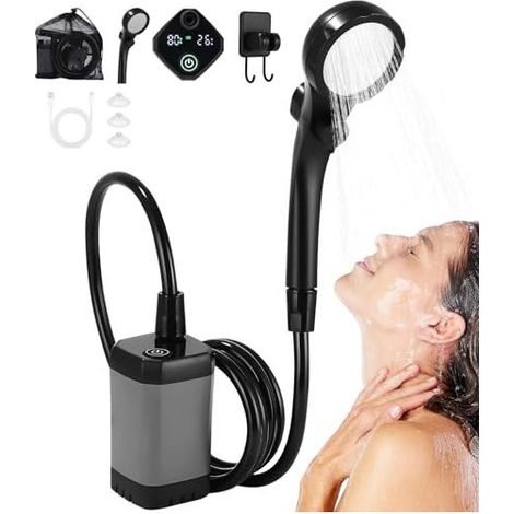 Douche Portable Camping, Pompe Rechargeable avec Affichage NuméRique Intelligent avec Affichage LED, Pommeau de Douche Réglable, Pommeau de Douche avec Seau Pliable pour Camping randonnée (1/4)