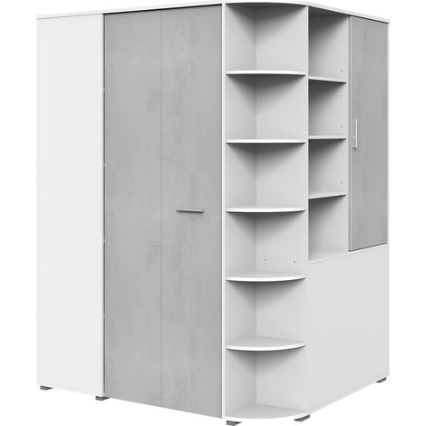 Pegane – Armoire dressing placard blanc avec rechampis béton gris clair – Longueur 124 cm x Hauteur 199 cm x Profondeur 148 cm – Panneaux mélaminés (1/4)