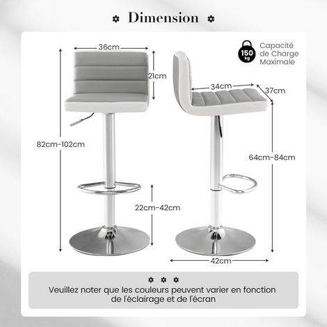 2 tabourets de bar pivotants réglables avec base métallique antidérapante et repose-pieds - gris (1/5)