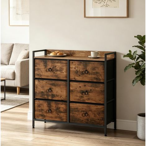 Comò 80x29x78 cm, 6 cassetti pieghevoli, struttura in metallo, legno ingegnerizzato e tessuto, nero e marrone rustico (1/5)
